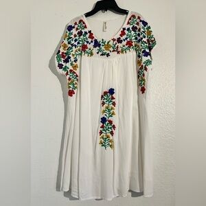 Embroidered White Mexican Peasant Dress with Colorful Floral Detail
